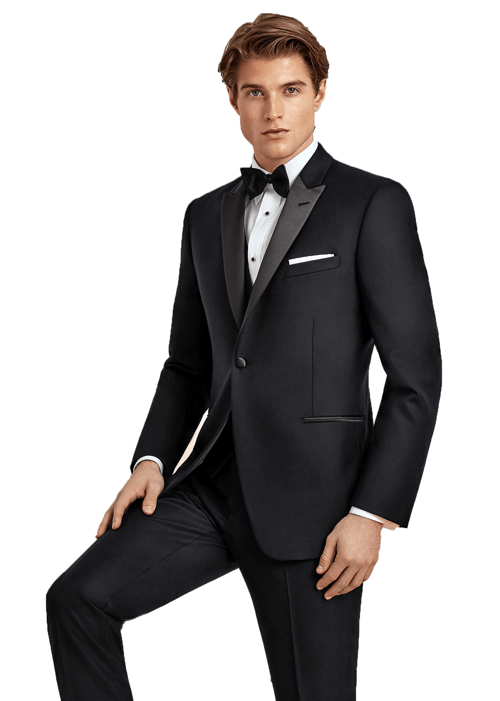 Men's jackson black tuxedo suit made of super 120's wool with full satin lapel and satin double besom. Shop stylish high-quality mens tuxedo suit by Ike Behar.