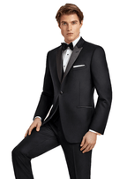 Men's jackson black tuxedo suit made of super 120's wool with full satin lapel and satin double besom. Shop stylish high-quality mens tuxedo suit by Ike Behar.