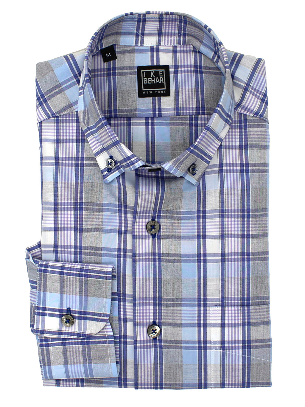 Men's navy & purple plaid button-down 100% cotton sport shirt. Shop stylish high-quality mens sport shirts by Ike Behar.