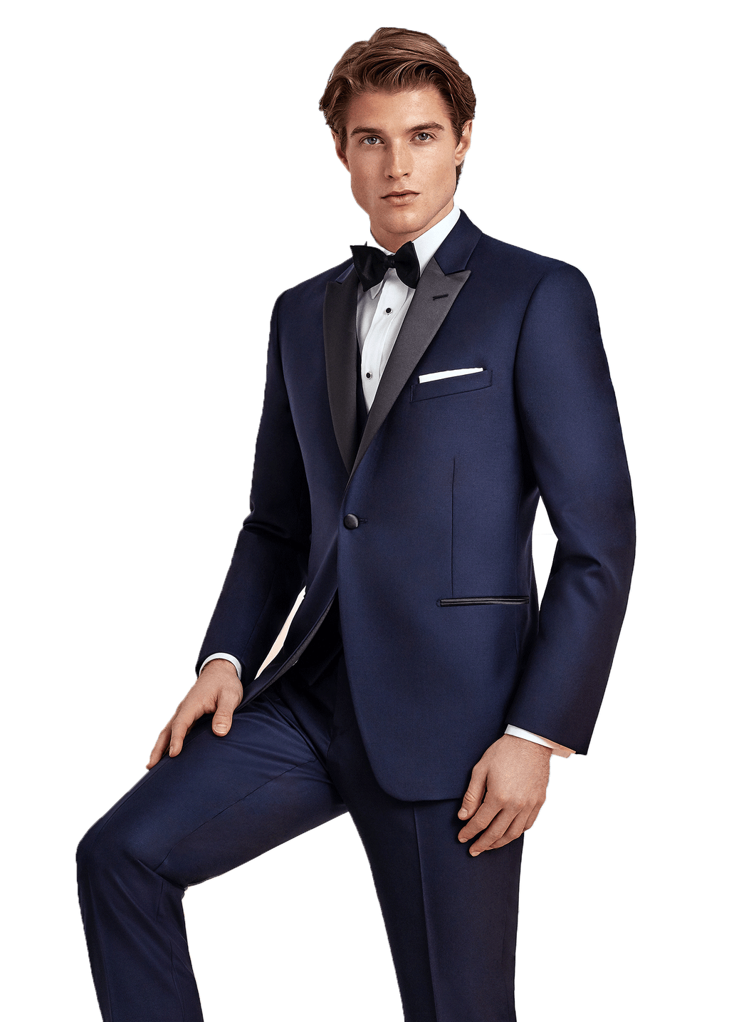 Men's navy tuxedo suit peak with black satin lapel. Shop stylish high-quality mens tuxedo suit by Ike Behar.