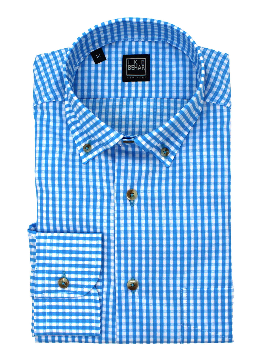Men's turquoise blue jacquard check button-down dress sport shirt 100% cotton with button down collar - Shop stylish high-quality mens sport shirts by Ike Behar