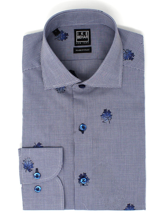 Blue Check with Embroidered Leaf Print